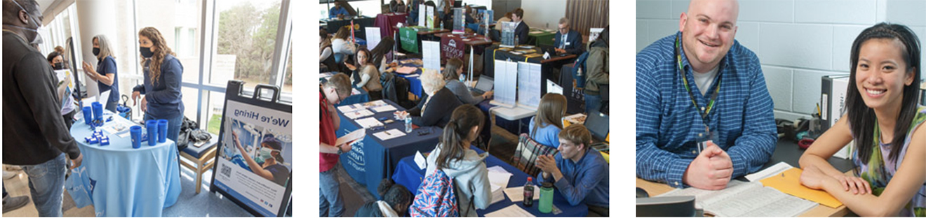three images of students attending Career Services events